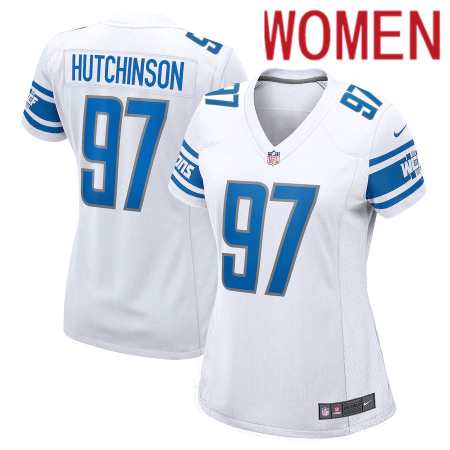 Cheap Women Detroit Lions 97 Aidan Hutchinson Nike White 2022 NFL Draft First Round Pick Game Jersey